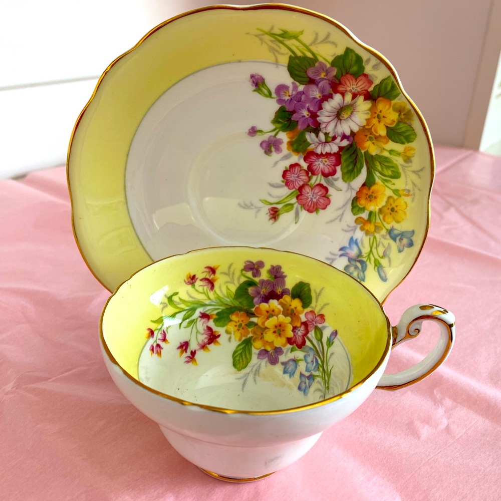 EB Foley Bone China Teacup and Saucer in Yellow Band with Floral Sprays